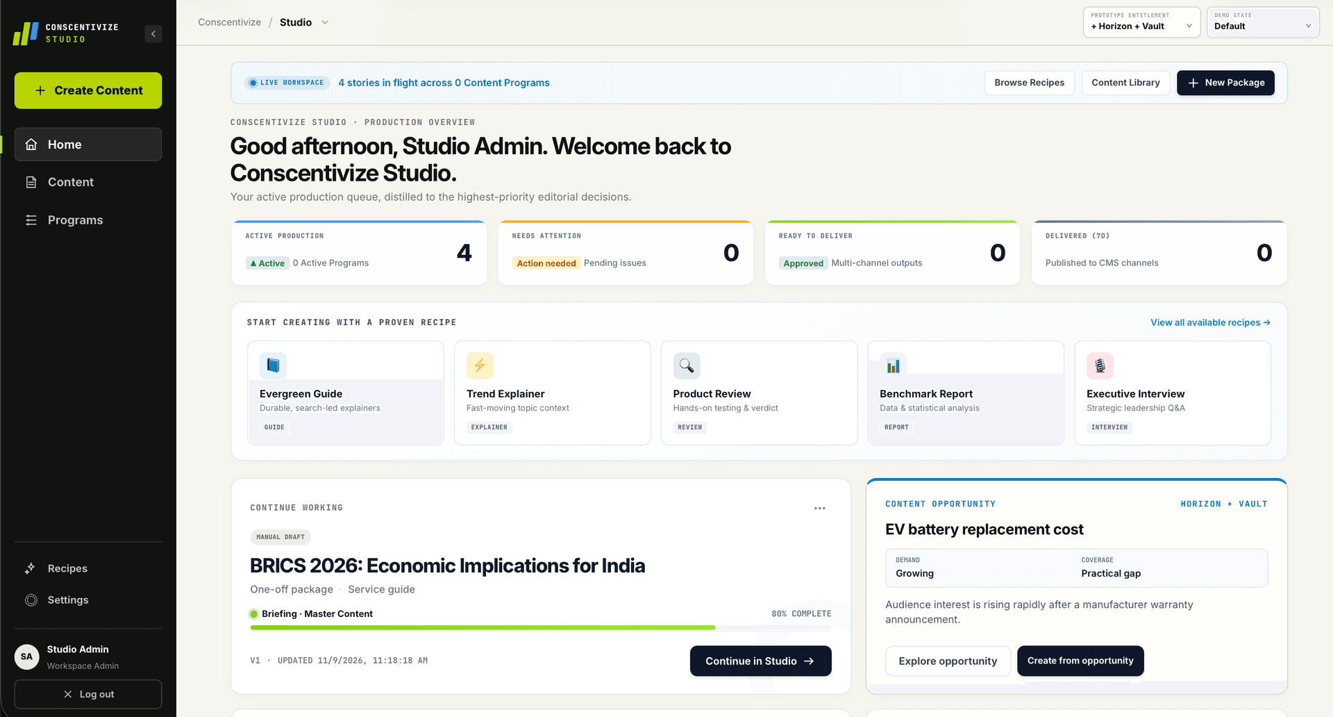Studio product dashboard for structured editorial content creation