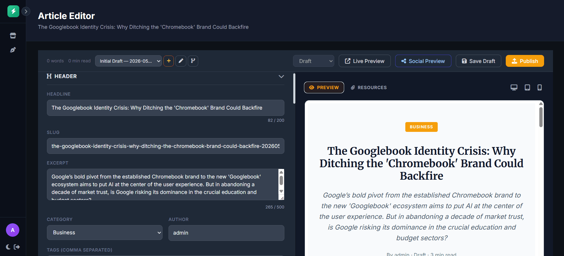 Studio workspace showing an editorial template becoming a generated first draft.